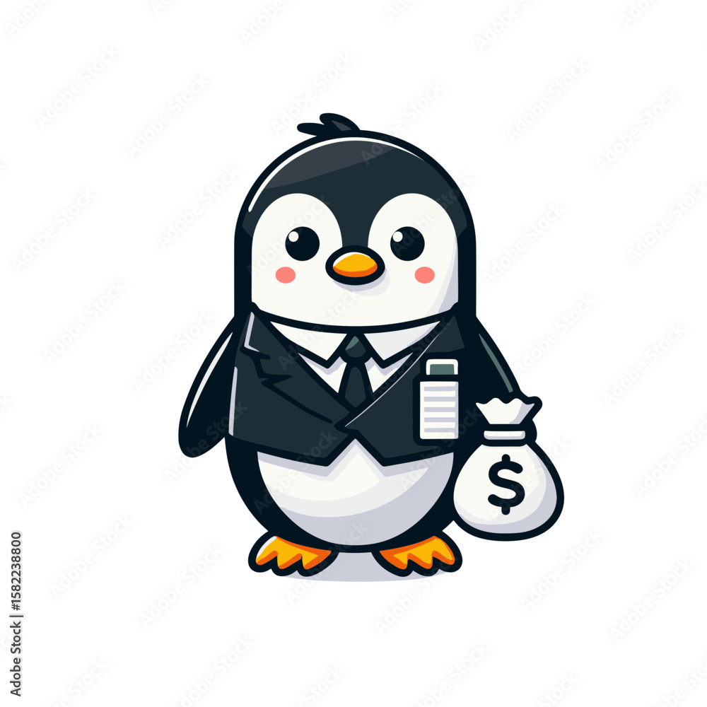 Fototapeta premium Professional penguin banker with money bag. Excellent for financial services, banking institutions and investment advisory marketing materials.