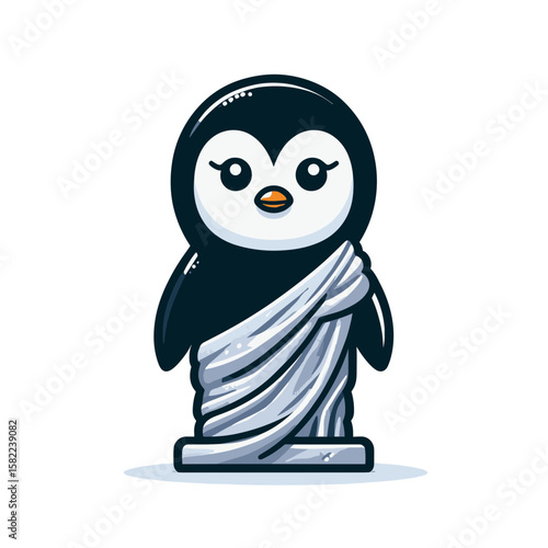 Classic penguin statue in draped toga with marble appearance. Perfect for museum exhibitions and classical art educational materials.