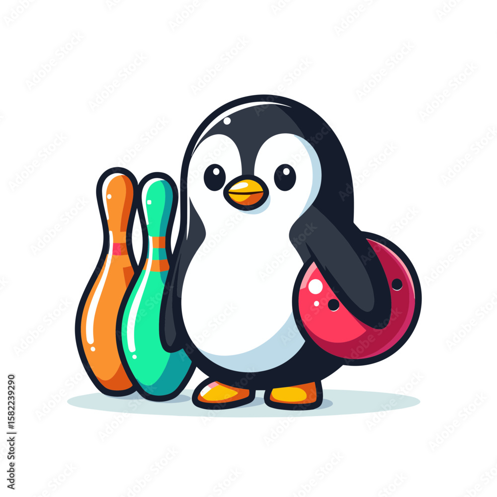 Fototapeta premium Penguin with colorful bowling pins in striking position. Perfect for bowling alleys and recreational sports facility marketing campaigns.