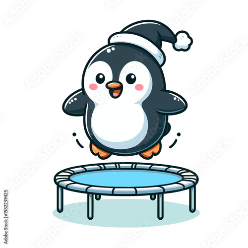 Penguin athlete bouncing on trampoline with cap. Sport character for gymnastics training and physical fitness marketing campaigns