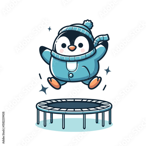 Playful penguin on trampoline with winter hat. Active character for fitness centers and recreational equipment marketing campaigns