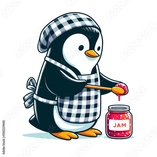 Penguin chef with jam jar vector illustration. Culinary bird character making preserves for cooking and food preparation designs