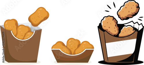 Three different servings of crispy golden chicken nuggets in brown paper containers