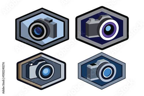 3D isometric camera icon inside a pentagon-shaped badge eps