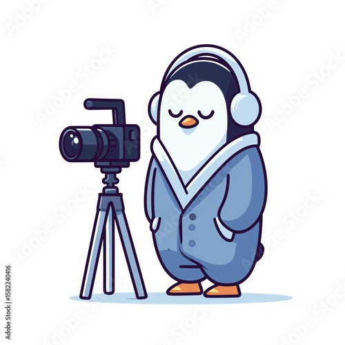 Penguin photographer with camera and tripod vector. Great for photography services and creative industry presentations.