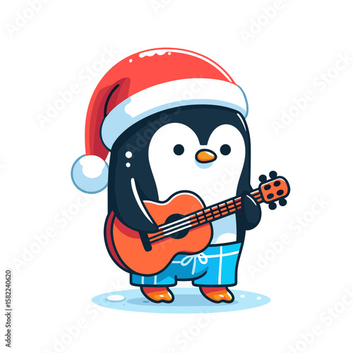 Christmas penguin with Santa hat playing guitar vector. Ideal for holiday music events and festive greeting cards.