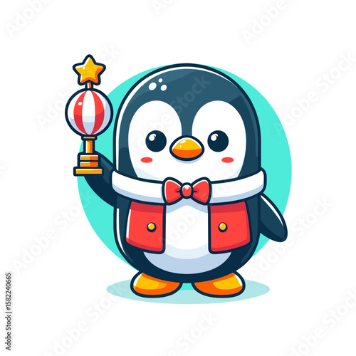 Penguin magician in a red tuxedo holding a trophy, cheerful and ready for a performance.