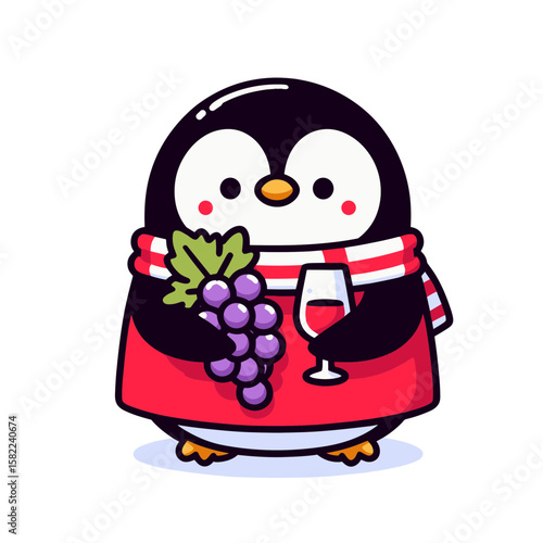 Penguin sommelier with wine and grapes vector. Great for wine industry presentations and culinary event materials.
