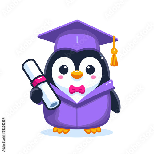 Graduate penguin with diploma and cap. Excellent for educational institutions and academic achievement marketing campaigns.