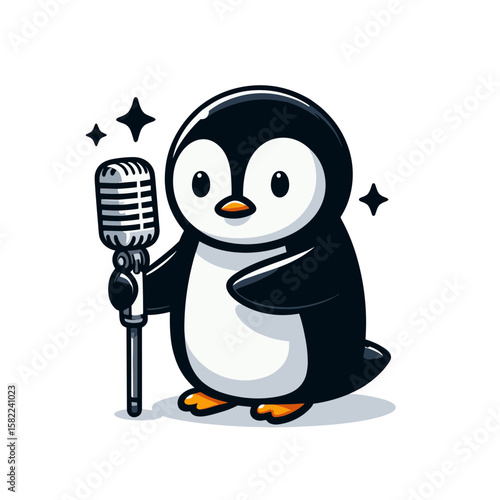 Singer penguin with microphone and sparkles. Great for music venues and entertainment industry marketing.