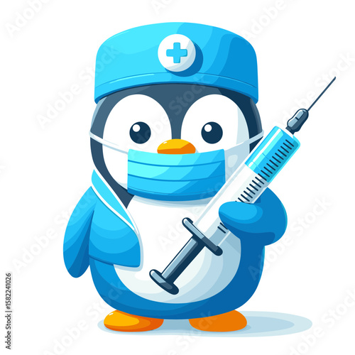 Medical penguin with syringe and face mask. Ideal for healthcare services and vaccination campaign marketing.