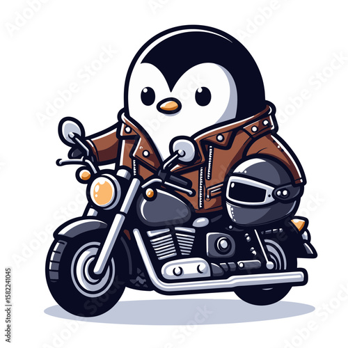 Biker penguin with motorcycle and leather jacket. Perfect for motorcycle dealerships and rider gear marketing.