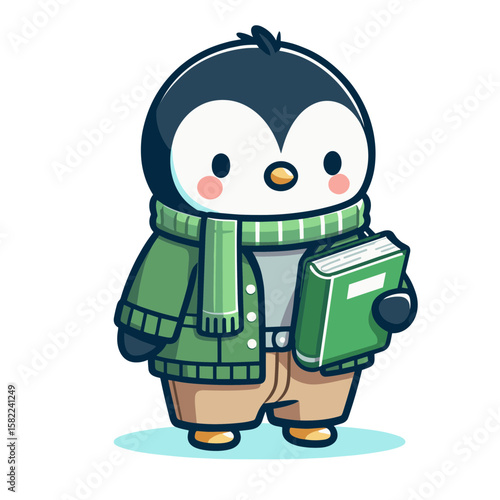 Student penguin with green scarf holding books and backpack. Ideal for educational institutions, school supplies, academic programs and learning-focused content.