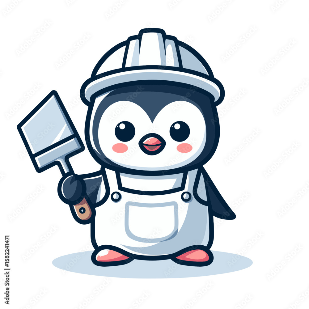 Obraz premium Penguin construction worker in a helmet holding a trowel, cheerful and ready for work.