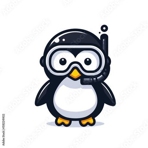 Penguin diver with goggles and snorkel equipment ready for underwater exploration. Great for diving schools, water sports, marine tourism and aquatic adventures.