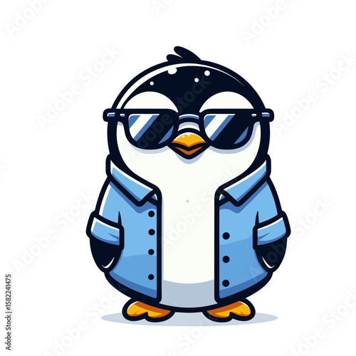 Cool penguin with sunglasses and blue jacket showing confident attitude. Perfect for lifestyle brands, fashion accessories, youth marketing and trendy character designs.
