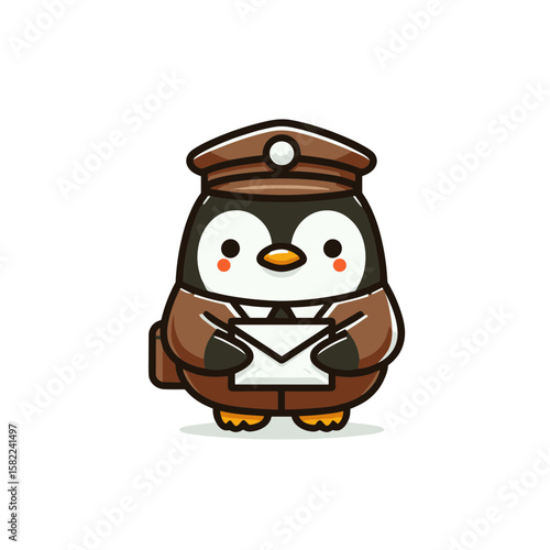 Penguin mailman in a brown uniform, cheerful and delivering a letter in a playful style.