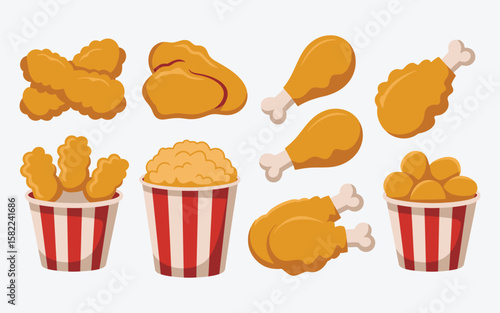 Collection of delicious fried chicken pieces and buckets on a white background