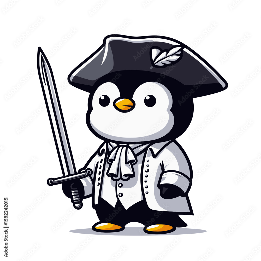 Obraz premium Pirate penguin with tricorn hat and cutlass. Great for adventure games and themed entertainment marketing.