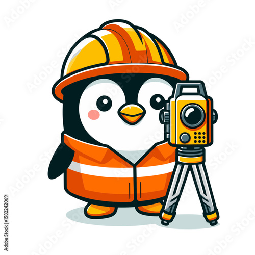 Construction penguin with surveyor equipment vector illustration. Engineering bird character for building and measurement profession designs