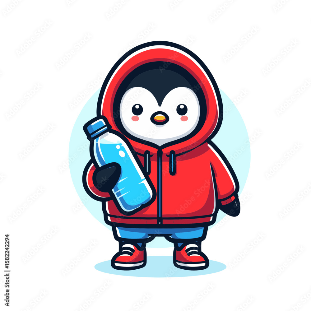 Cute penguin character in a red hoodie holding a water bottle with a casual expression Cute penguin character in a red hoodie holding a water bottle with a casual expression
