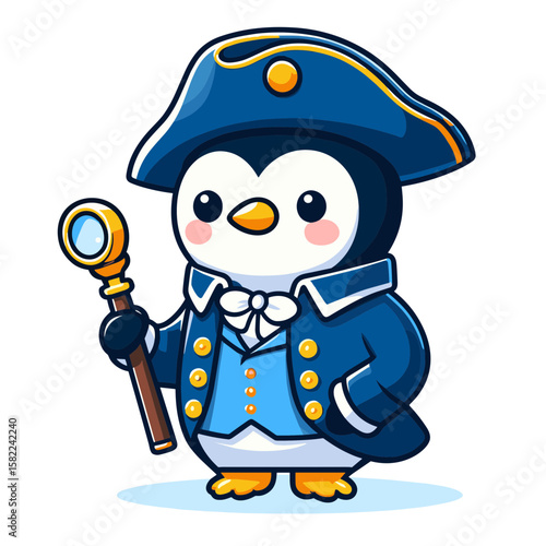 Cute penguin character in a blue admiral outfit holding a magnifying glass with a confident expression