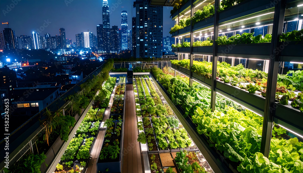 Fototapeta premium Night View of Urban Rooftop Vertical Farming with City Skyline