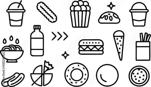 Collection of simple black and white line art icons representing various fast food and snack items