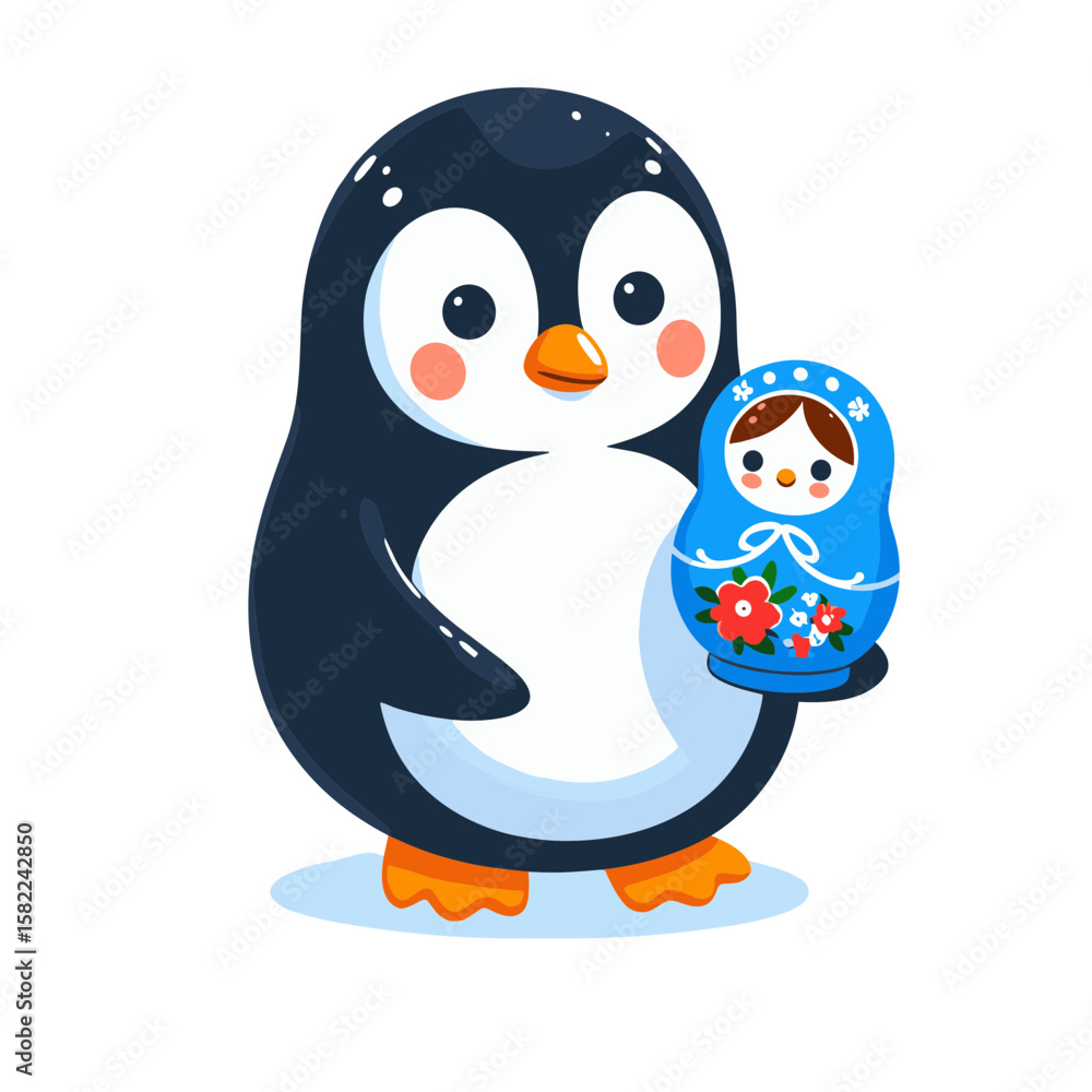 Fototapeta premium Cute penguin character holding a Russian nesting doll with a cheerful expression