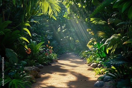 Sunlight streams through a lush tropical jungle path.