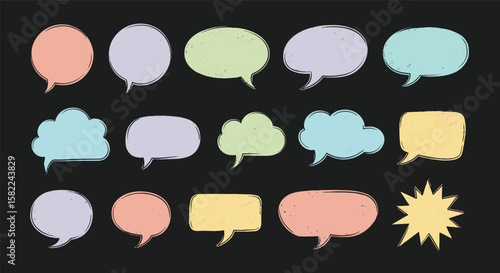 Collection of colorful distressed speech bubbles and conversation shapes on black background representing communication ideas