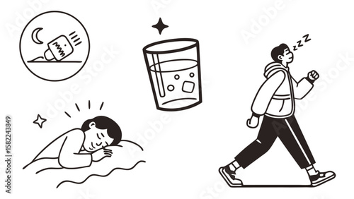 Illustration depicting a person sleeping, a glass of water, a night light, and a person sleepwalking outdoors