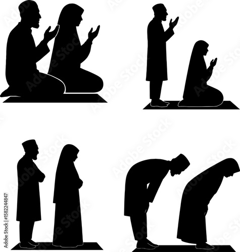 Couples making Dua in black and white silhouette asset with white background 