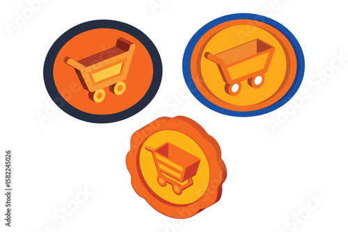 3D isometric shopping cart icon inside a circular badge, vibrant orange plastic material, eps