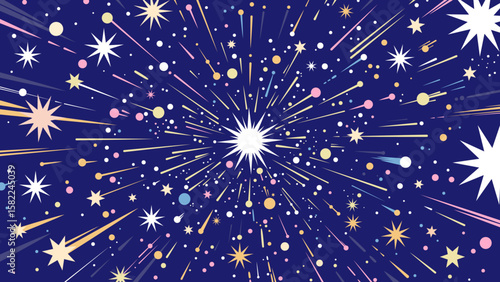 カラフルな花火と星が弾けるポップなベクター背景イラスト