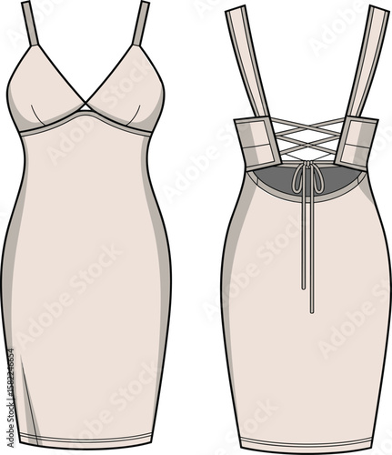 Bodycon dress vector fashion template, front and back lace up detail, technical flat sketch, women garment design illustration