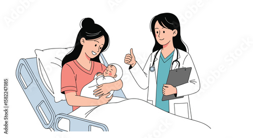 Doctor assesses new mother and her newborn baby during postnatal care checkup