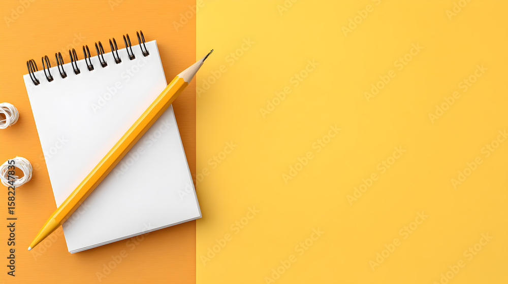 Notebook, pencil, eraser, and paper on a bright yellow-orange surface. A minimalist, top-down view of a blank notepad with a yellow pencil and eraser, ideal for illustrating concepts like creativity. Notebook, pencil, eraser, and paper on a bright yellow-orange surface. A minimalist, top-down view of a blank notepad with a yellow pencil and eraser, ideal for illustrating concepts like creativity.
