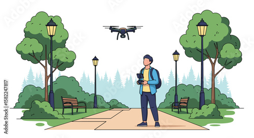 Man controlling drone with remote in park landscape scenic view
