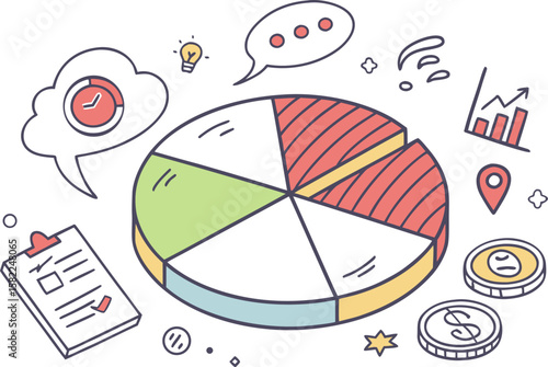 Illustration of a pie chart with segments, surrounded by business icons and symbols on a white background