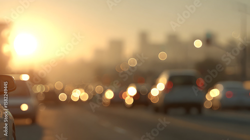 blurred view of traffic during a beautiful sunset with cityscape background