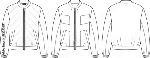 bomber jacket flat sketch, quilted bomber jacket template, men fashion CAD design, front back view, technical drawing vector, apparel