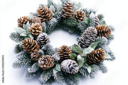 Christmas Wreath of Pinecones Festive Holiday Decoration Winter Season Joy Noel on white background. Generative Ai