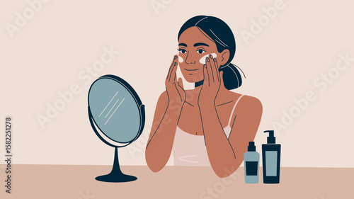 A woman with dark hair in a ponytail applies cream to her face while looking in a mirror, with skincare products nearby.