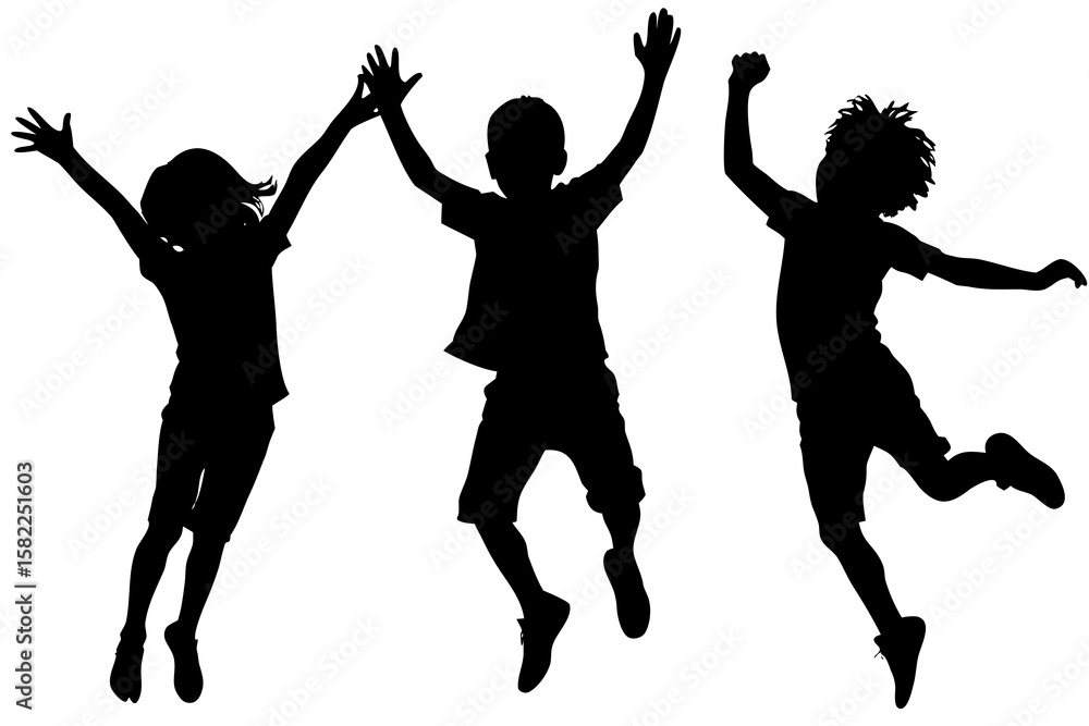Fototapeta premium Children silhouettes joyfully jump, celebrating life