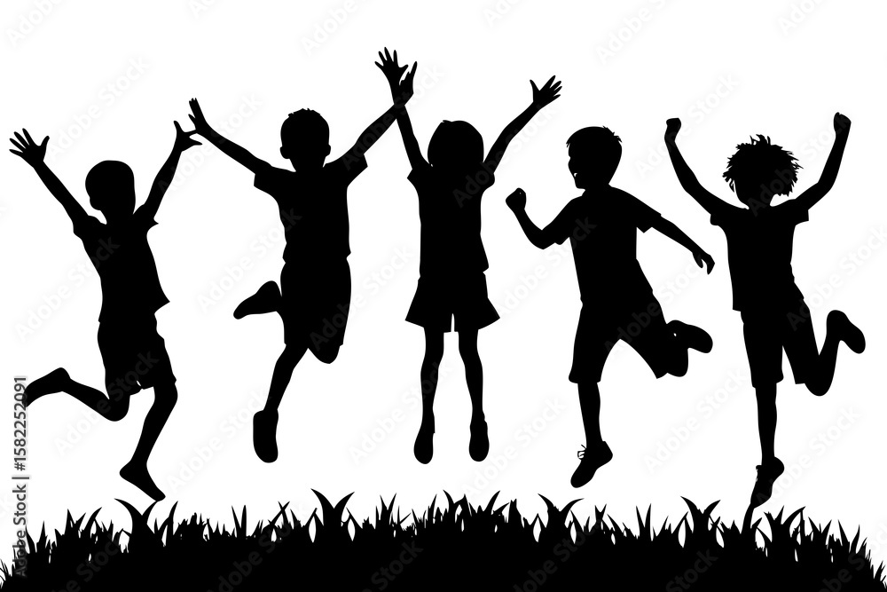 Fototapeta premium Children silhouettes jump with joy and happiness