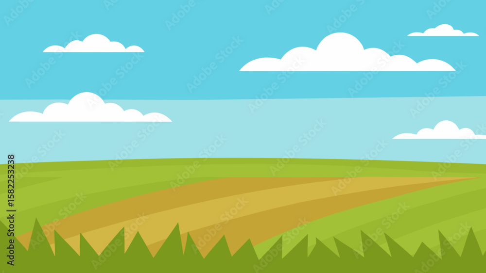 Obraz premium Cartoon field with patches of grass and sky vector illustration