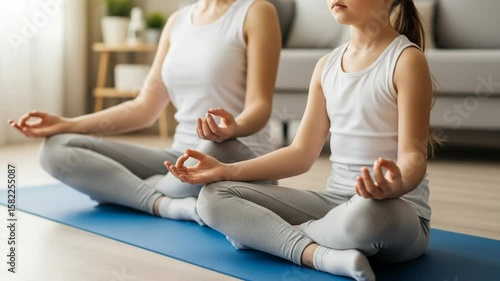 A mother and daughter practice yoga together, sitting in a meditative pose on a blue mat in a cozy living room