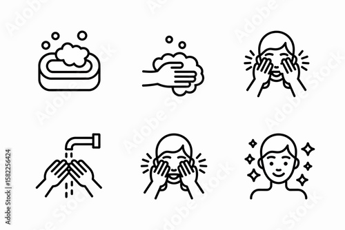 A set of six icons depicting the steps of washing one's face, including soap, hands, water, and a clean face.