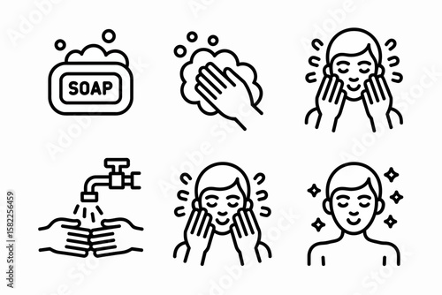 Illustration depicting the steps of washing face: soap, lathering, rinsing, drying, and clean face, presented as a linear sequence of icons.